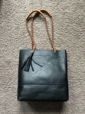 Soludos Merida Black Genuine Leather Tote with Tassel & Tan Handles Medium Size